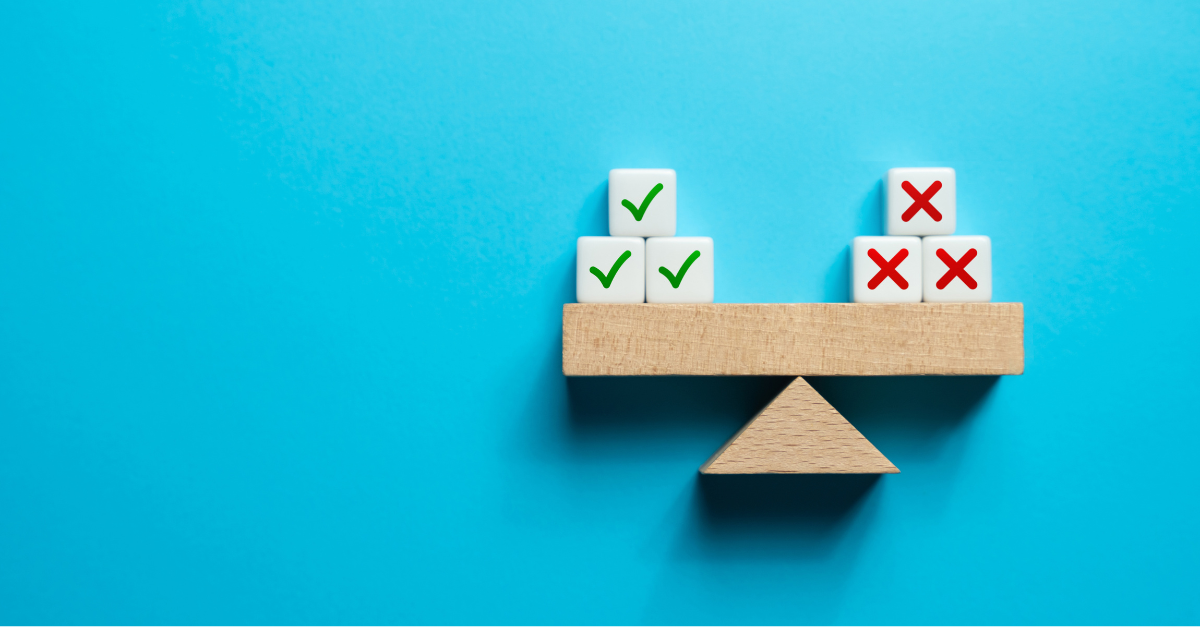 checkmarks and x's on a scale representing pros and cons