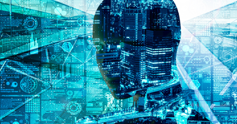 silhouette of a head overlaid on cyber imaging