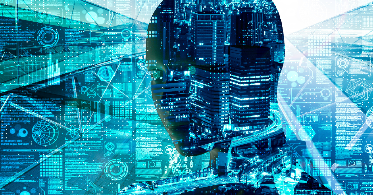 silhouette of a head overlaid on cyber imaging