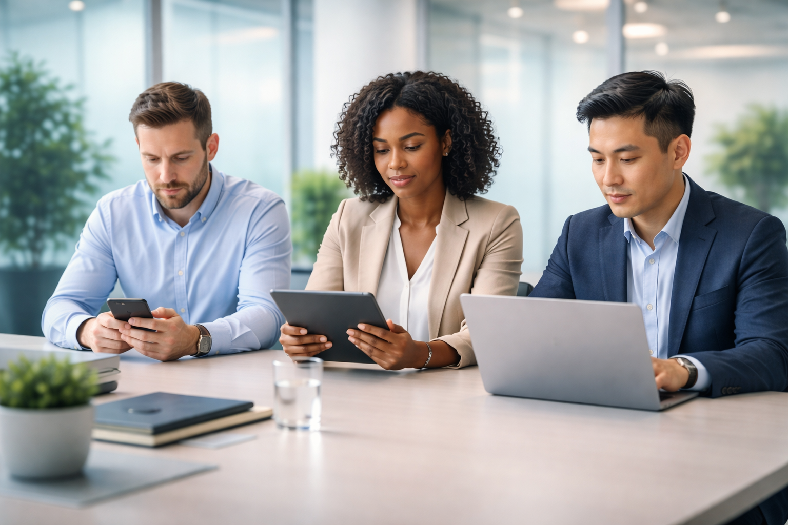 Three executives sitting at a conference table with computers
