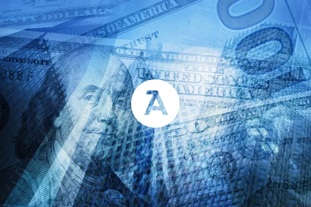 Money overlaid on buildings