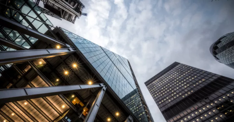 skyscraper office buildings from below