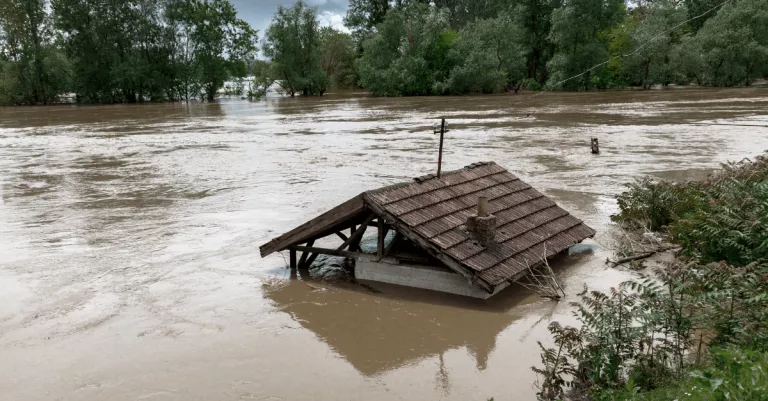 High floodwaters in a town