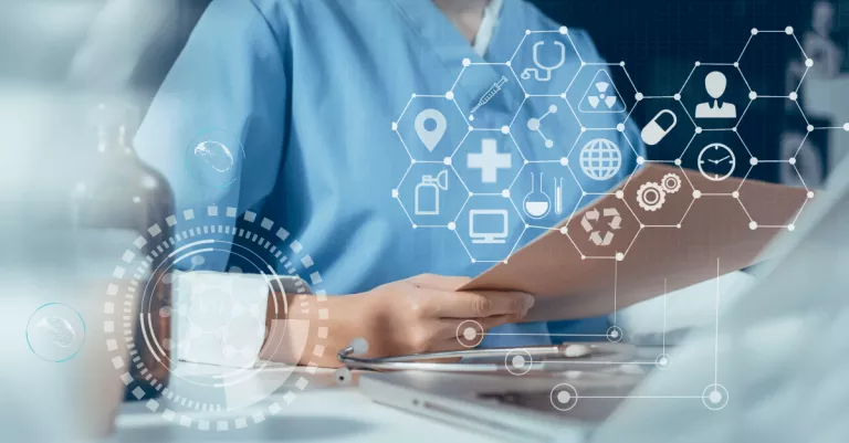 healthcare professional with computer and cyber icons