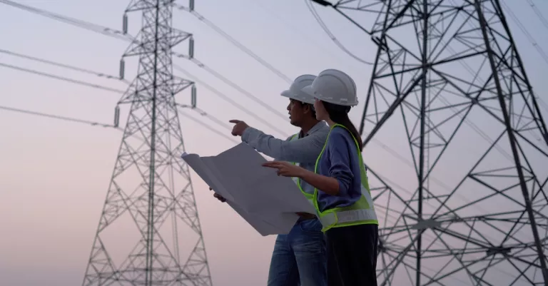 Electrical workers fixing electric lines