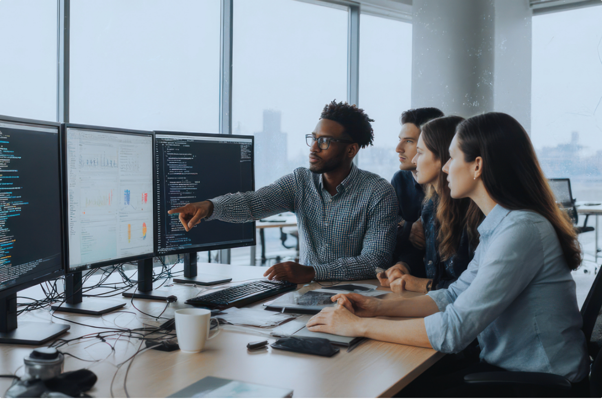 Four people working at computer screens