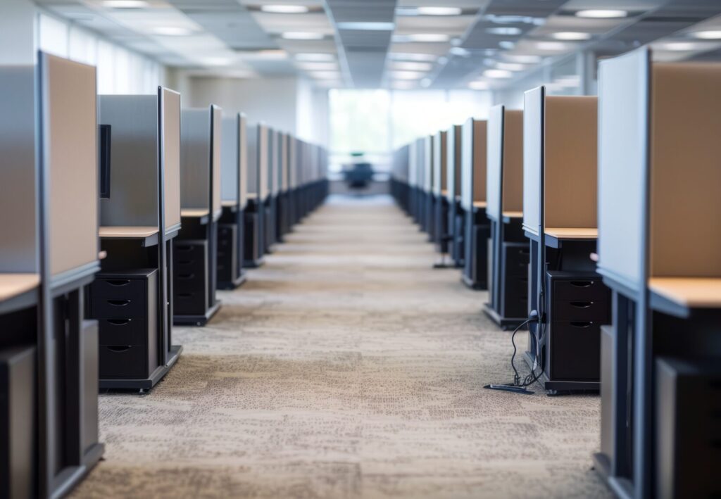 A spacious modern office with semi-private workstations arranged in long rows, natural light from tall windows, and an Agility Recovery logo on the wall.