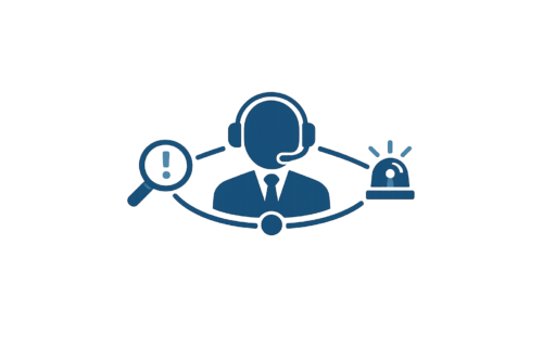 Support person with magnifying glass and alarm