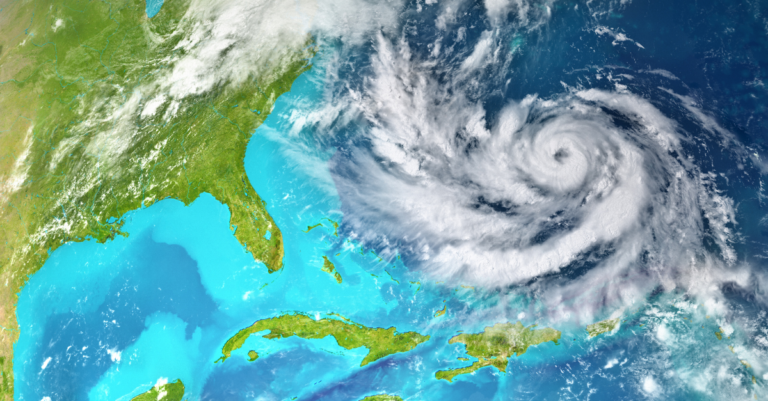 Satellite image of hurricane near east coast of USA