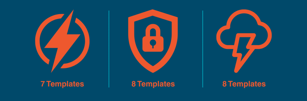 Icon grid showing three incident response template packages: 7 power outage templates, 8 cyber incident templates, and 8 weather event templates